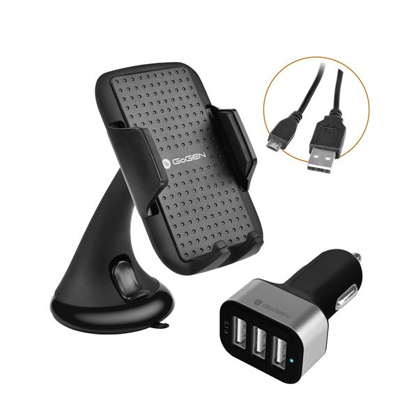Uchwyt na telefon GoGEN 3 v 1, držák na mobil, autonabíječka, micro USB kabel, kroucený, 1,2m (GOGGSMCARKIT01) Czarne